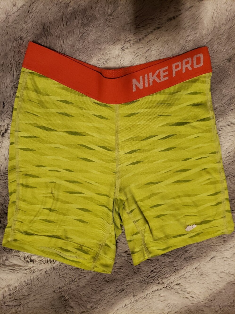 Nike Pro Lime Green Tiger Stripe Compression Shorts Orange Waistband L